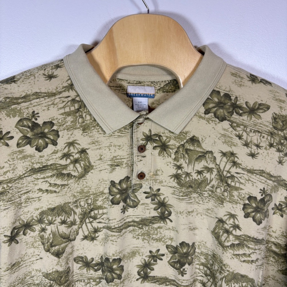Breakwater Mens XXL Polo Shirt Tropical Island Scenic Palm Tree Cotton Tan Green